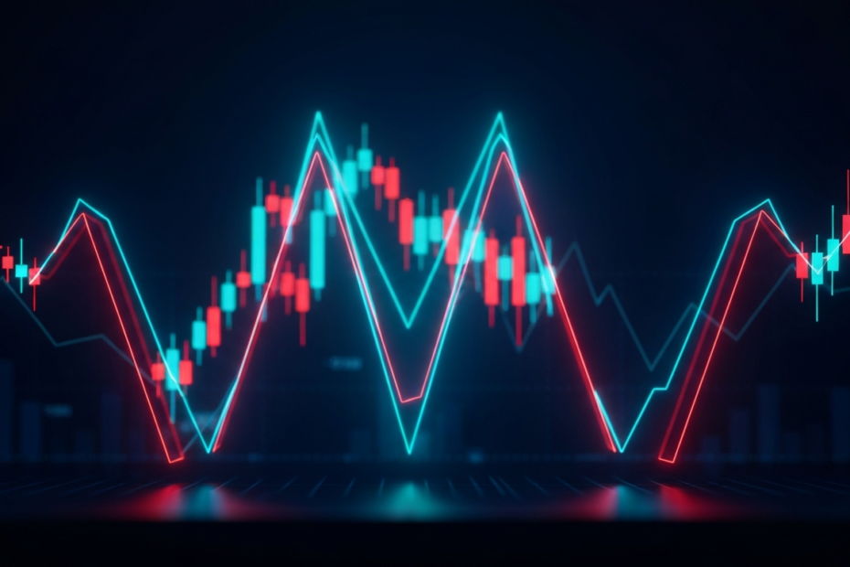 Editorial illustration representing double top pattern strategy explained: a comprehensive trading guide